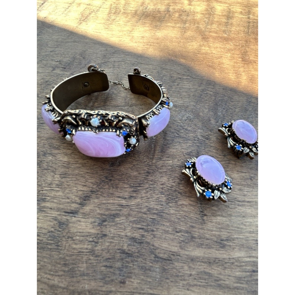Vtg SELRO SELINI Pink Thermoset Cabochon Bracelet Earrings Set Victorian Revival
